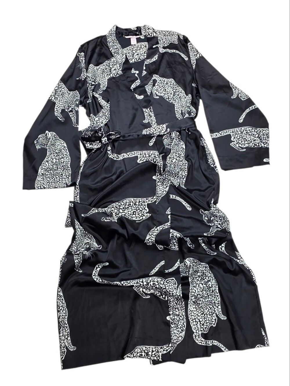 Victoria's Secret Satin Long Robe Black with Leopard Print XS - Picture 6 of 16